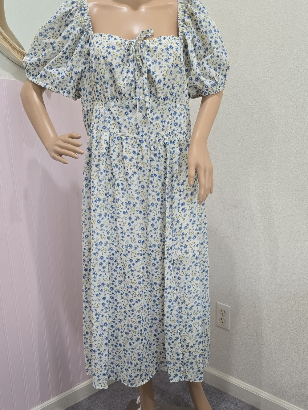 SHEIN Blue Floral Puff-Sleeve Midi Dress
